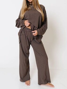 Striped Long Sleeve Top and Wide Leg Pants Set